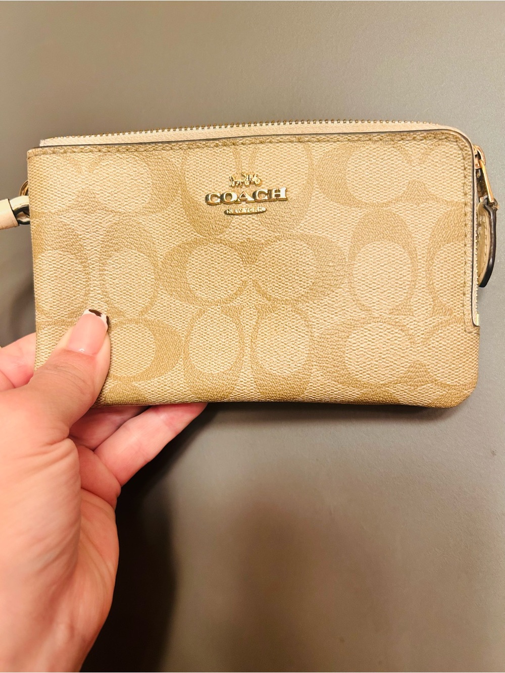 Coach Beige Signature Canvas Wristlet with Gold Logo